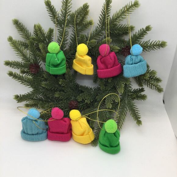Knit Hat Toboggan Set/8 MINI TREE Ornaments Christmas Rainbow Colors New - Picture 2 of 6
